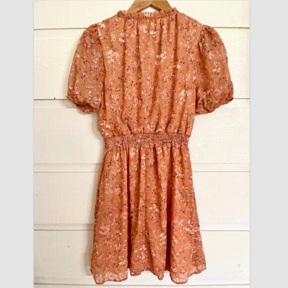 LUSH Women's Chiffon Mini S/S Dress Puff Sleeve Size M - Apricot Ditsy NWT - Picture 8 of 8
